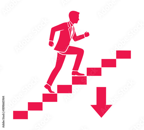 Red silhouette of a businessman running up stairs with a downward arrow symbolizing progress and challenge.