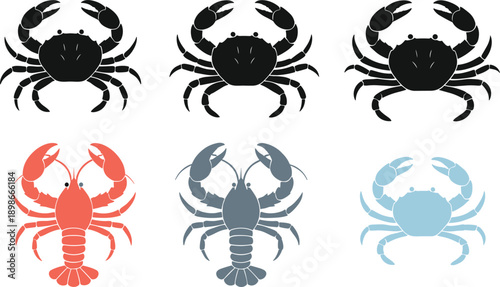 Crab and lobster icon set seafood marine animal silhouette colorful flat symbols minimal vector illustration design collection
