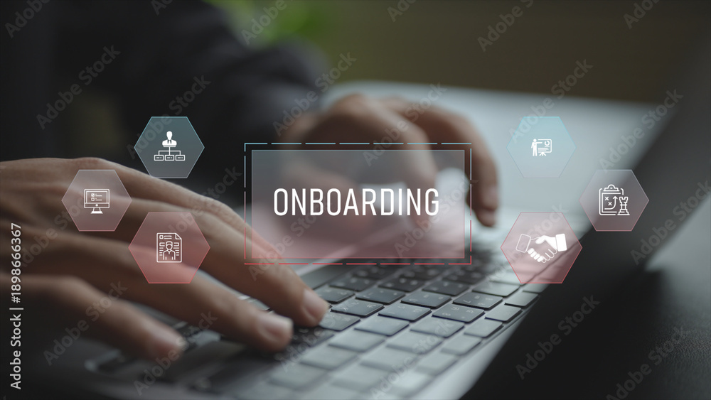 Obraz premium Employee onboarding concept focused on efficiency, engagement and smooth integration. Professional guiding new hires using a laptop based digital interface.