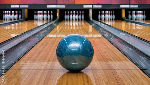 Blue bowling ball positioned on wooden lane in a bowling alley, with pins arranged in the background and colorful lighting illuminating the scene