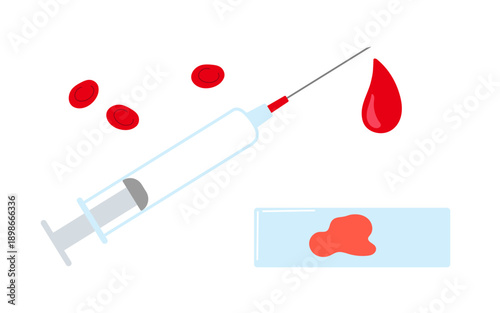 Blood test. Blood Drop falls from syringe onto laboratory slide. Concept of scientific research, precision, health, biochemical analysis for health apps, educational aids, disease diagnosis articles