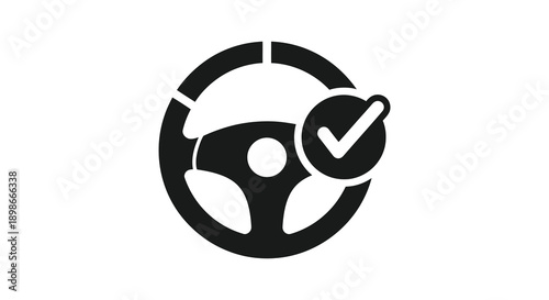 A minimalist black design depicts a person driving with a steering wheel and a checkmark a striking silhouette high quality