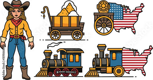 Wild West Illustration Set with Cowgirl Character, Gold Mining Wagon, Steam Locomotives, and USA Map Icons