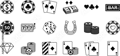 Casino gambling icons set with poker cards dice chips slot machine money symbols isolated black vector illustration on white background