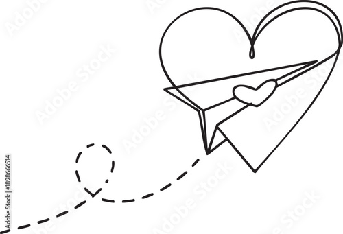 A delicate heart-shaped paper airplane flying through the air with a dotted line trajectory