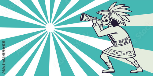 Man in traditional headdress blowing horn with abstract background