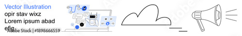 Digital marketing, cloud storage, online services, data security, connectivity, content sharing. Laptop showing connected networks, cloud icon and megaphone. Digital marketing and cloud storage