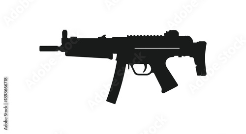 A stark black silhouette depicts a modern submachine gun highlighting its mechanical design and ominous presence silhouette high quality