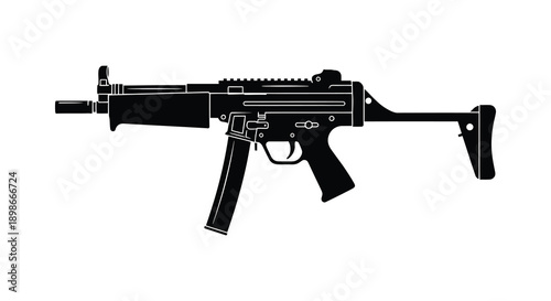 A stark black representation of a modern submachine gun showcasing its mechanical features as a silhouette high quality professional detailed