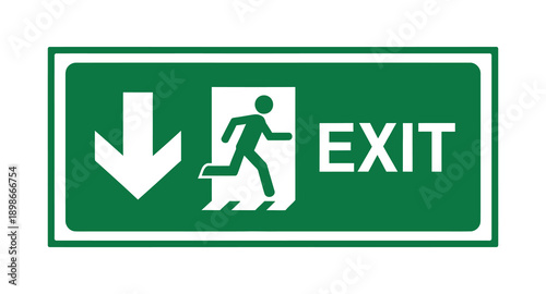 Tableau sur toile Standard green and white emergency exit sign featuring a running person pictogram and a clear downward arrow indicating the escape route