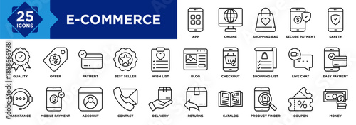 E-commerce icon collection set. Containing Online, Shopping Bag, Secure Payment, Shopping List, Wish List, Safety, Live Chat, Money, Easy Payment, Coupon icon