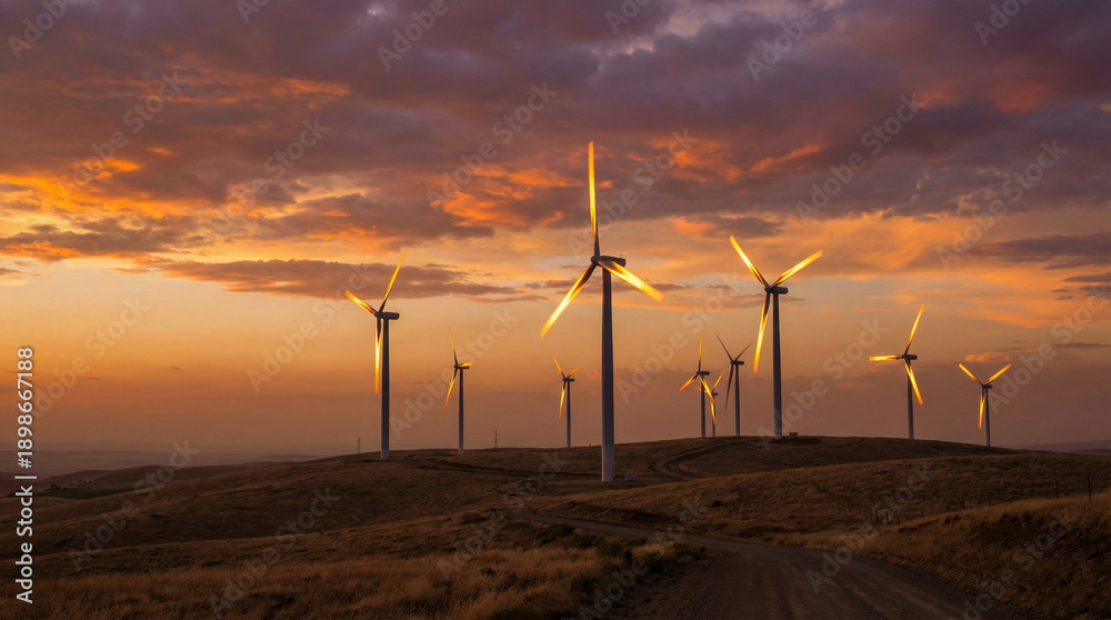 Obraz premium Wind Turbines at Sunset with Dramatic Sky