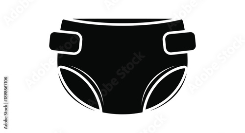 A stark black silhouette depicts a baby diaper with prominent fastening tabs and curved edges a simple illustration silhouette