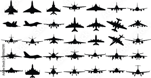 Military fighter jet silhouettes collection showing modern combat aircraft front side top views isolated black vector illustration