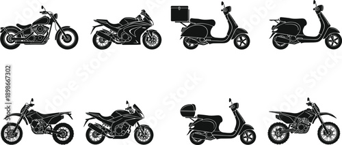 Motorcycle and scooter silhouettes set featuring sport bike cruiser moped icons isolated black vector illustration on white background