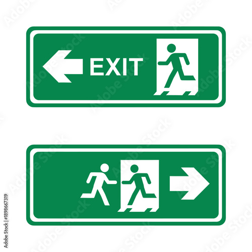 Two green emergency exit signs with white symbols, one pointing left with text and a running person, and another pointing right with two running people.