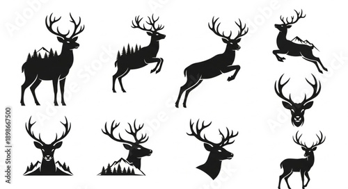 Collection of Deer Silhouettes with Nature Elements.