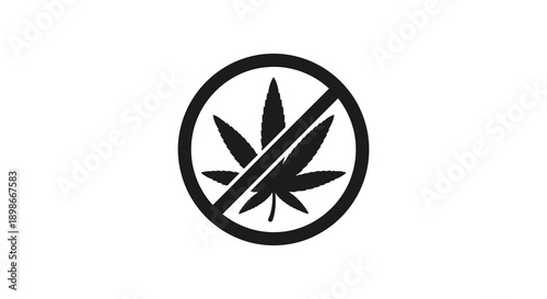 A stark black circle contains a cannabis leaf with a diagonal prohibition line representing a no drugs message silhouette high quality