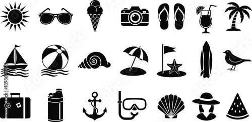 Summer vacation and beach icons set with travel leisure holiday objects isolated black vector illustration on white background