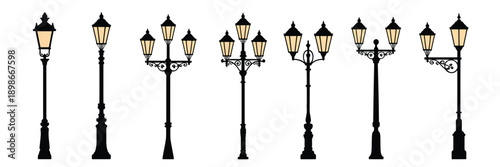 Collection of classic outdoor lighting fixtures, showcasing vintage street lamp silhouettes for cityscape illustrations, urban design projects, and transparent vector graphics.