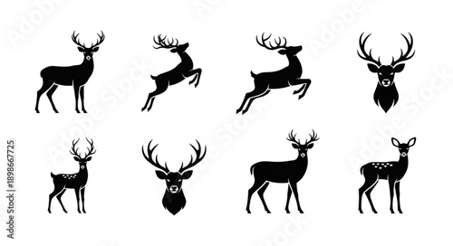 Collection of Deer Silhouettes in Various Poses and Headshots.