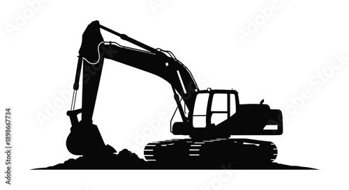 A stark black silhouette depicts a powerful excavator machine showcasing its mechanical arm and robust chassis silhouette high quality professional