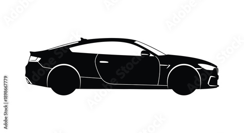 A sleek modern sports car is depicted in a striking side profile presented as a bold black silhouette high quality