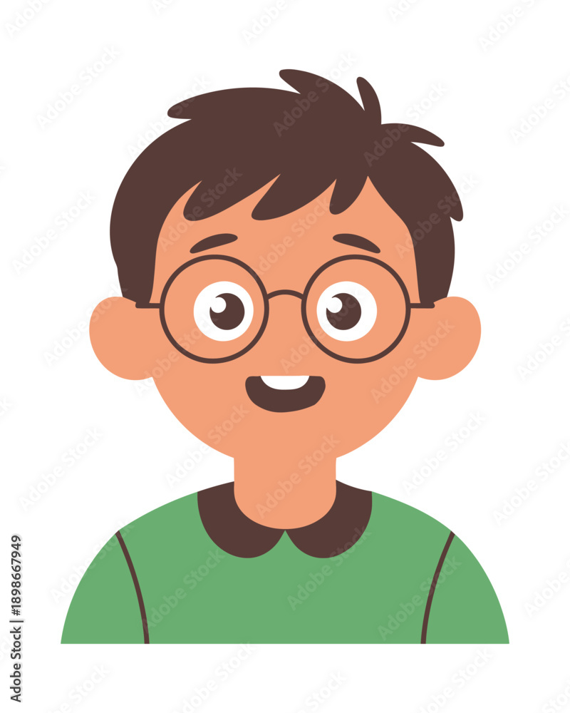 Obraz premium Cartoon illustration of a smiling young boy with glasses and brown hair wearing a green shirt.
