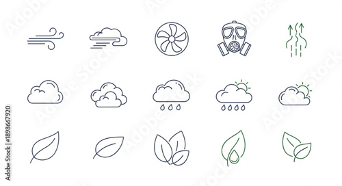 Collection of weather and nature icons in line art style.