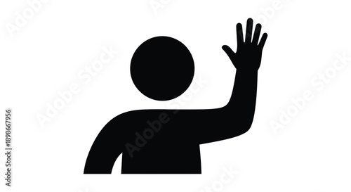 A minimalist depiction of a person raising their hand in a greeting or signal presented as a striking silhouette