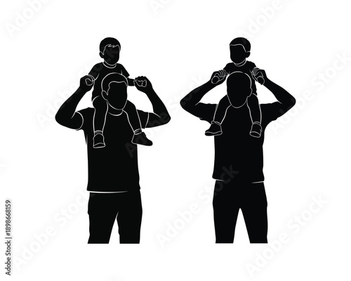 Father holding child on shoulders vector silhouette illustration design set collection, father holding child on shoulders silhouette, dad carrying kid shoulders vector, father and child silhouette, 
