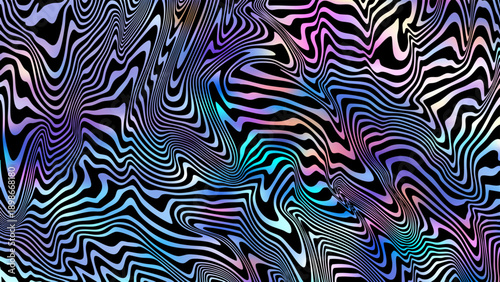 Abstract holographic liquid background with wavy glitch lines. Vector psychedelic topography texture with iridescent rainbow gradient on black. Modern trippy backdrop for techno music and Y2K design.