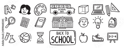 Back to School doodle hand drawn icon set. Outline drawing school items line clipart symbol collection 