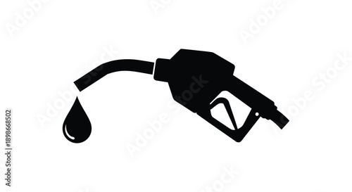 A stark black silhouette depicts a gas pump nozzle with a single drop of fuel representing energy and consumption silhouette