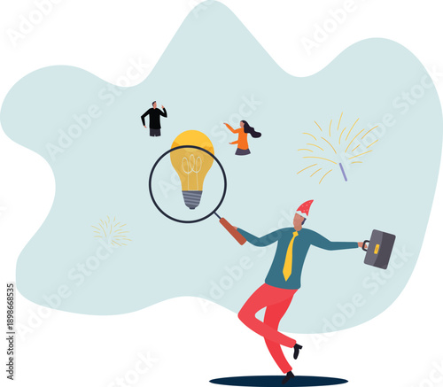 Man examining a giant lightbulb with people around him in a celebratory atmosphere