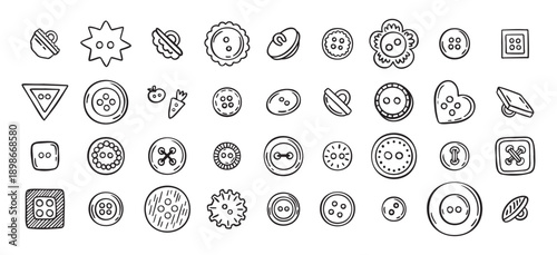Sewing buttons line hand drawn doodle art icons set. Sewing accessories clothes various outline shapes. 