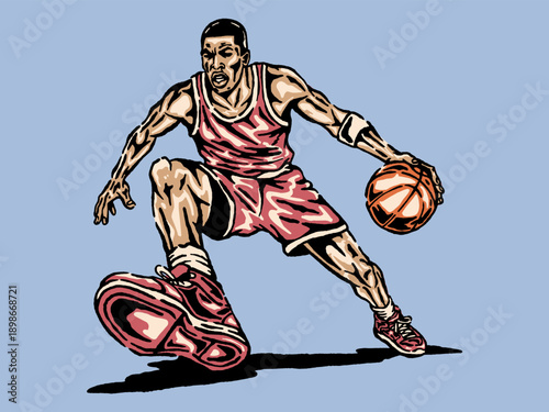 Basketball player dribbling graphic, streetball illustration, athletic vintage poster design, basketball sports apparel vector print for t-shirt, stic