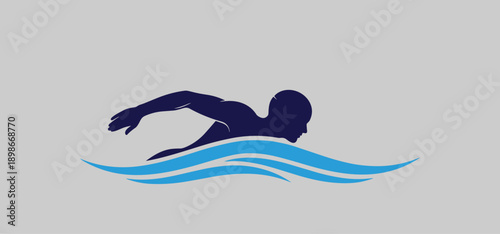 Swimming logo design vector, swimmer silhouette illustration, freestyle swimming icon, water wave graphic, aquatic sport branding symbol