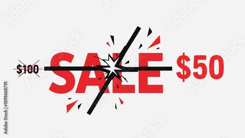 Bold typography SALE symbol with price discount and crossed lines indicating reduced cost