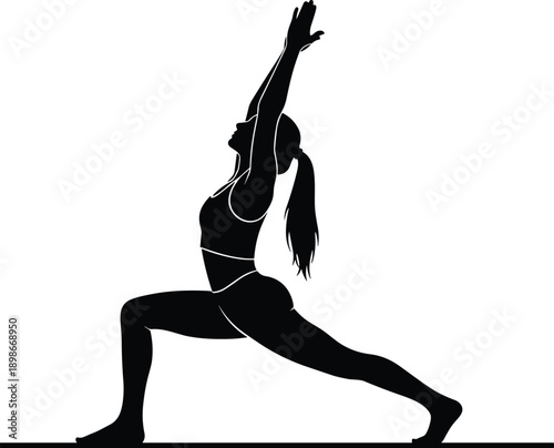 Tableau sur toile Yoga warrior pose silhouette vector, female fitness stretching illustration, med