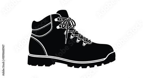 A striking black and white illustration depicts a single hiking boot with detailed lacing presented as a silhouette high quality professional modern