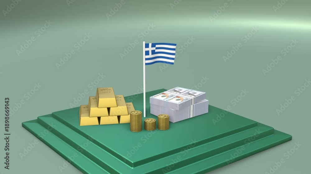 Vidéo Stock 3D animation of Greece flag with gold bars gold coins and ...