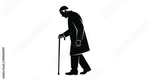An elderly man with a walking cane is depicted in profile leaning forward with age showcasing a striking silhouette