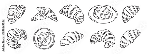 croissant doodle hand drawn icon set. Outline drawing croissant french breakfast line clipart symbol collection