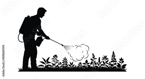 A stark black silhouette depicts a worker using a sprayer amidst foliage highlighting agricultural practices and pest control silhouette