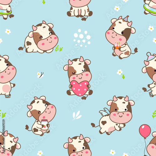 Kawaii cow seamless pattern. Funny cow, cartoon farm animals stickers. Children animal mascots with heart, birthday cake. Textile print, nowaday vector background