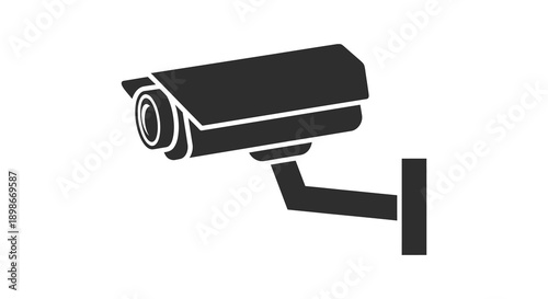 A stark black security camera icon is prominently displayed against a white background showcasing a modern surveillance design silhouette
