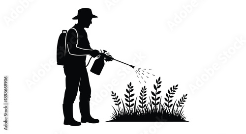 A stark black silhouette depicts a worker spraying insecticide on foliage showcasing agricultural practices and pest control silhouette high quality