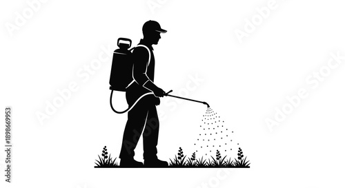 A stark black silhouette depicts a worker spraying a field showcasing agricultural practices and pest control silhouette high quality professional