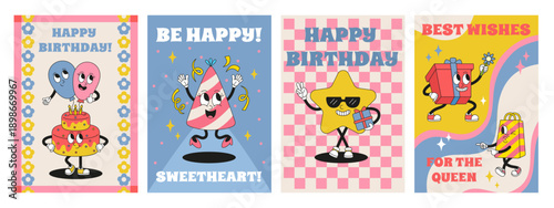 Birthday groovy banners. Retro style celebrating postcards with funny characters balloons, cake, presents boxes, star. Neoteric vector celebrate design